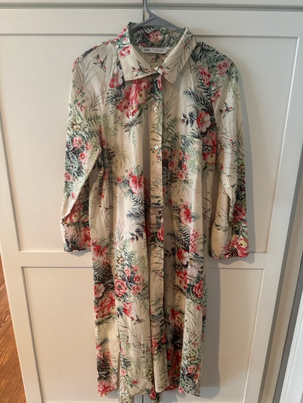 Zara Cream Floral Shirt Dress with Pink & Green Print